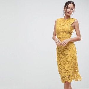 Boohoo mustard yellow lace midi dress